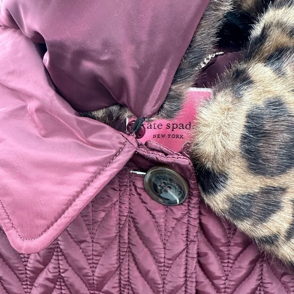 KATE SPADE L CHEVRON Leopard print Faux Fur removable collar QUILTED jacket